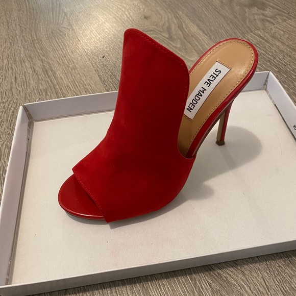 Sinful Red Suede Leather Peep-Toe Mules Size 7 - Picture 5 of 6